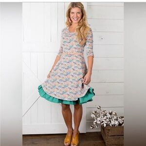 Matilda Jane Floral layered Joanna Gaines Mini Dress with Green ruffle Accents